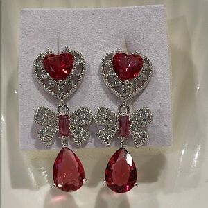14k Gold Plated Elegant Red and Silver Heart Drop Earrings
